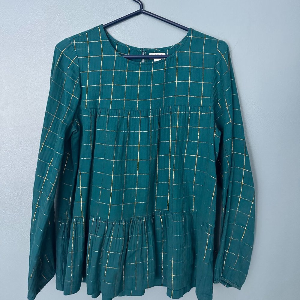 Girls Cat and Jack Set of 2 Green and Gold Checkered and Black Floral Tops
